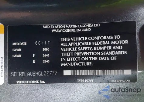 2017 Aston Martin Db11 Launch Edition z USA, uszkodzony, nr VIN SCFRMFAV8HGL02777